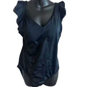 NEW WITH TAGS Time and Tru Womens Swimsuit Black Ruffle‎ Strap One PIECE Bathing